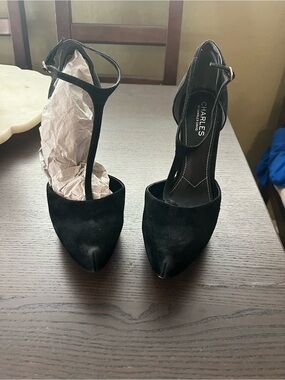 Charles by Charles David Black Suede T‑Strap Pointed Toe Heels